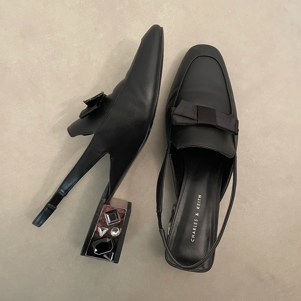 Charles and Keith Slip On Black Mules Bow Crystal